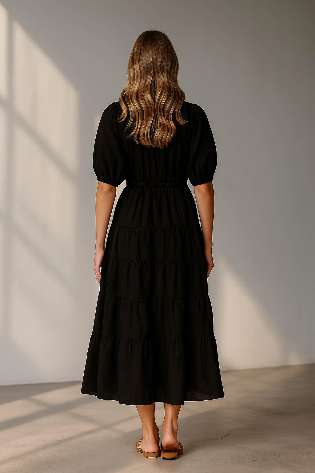 Schwarzes Maxikleid mit Puffärmeln und Bindegürtel