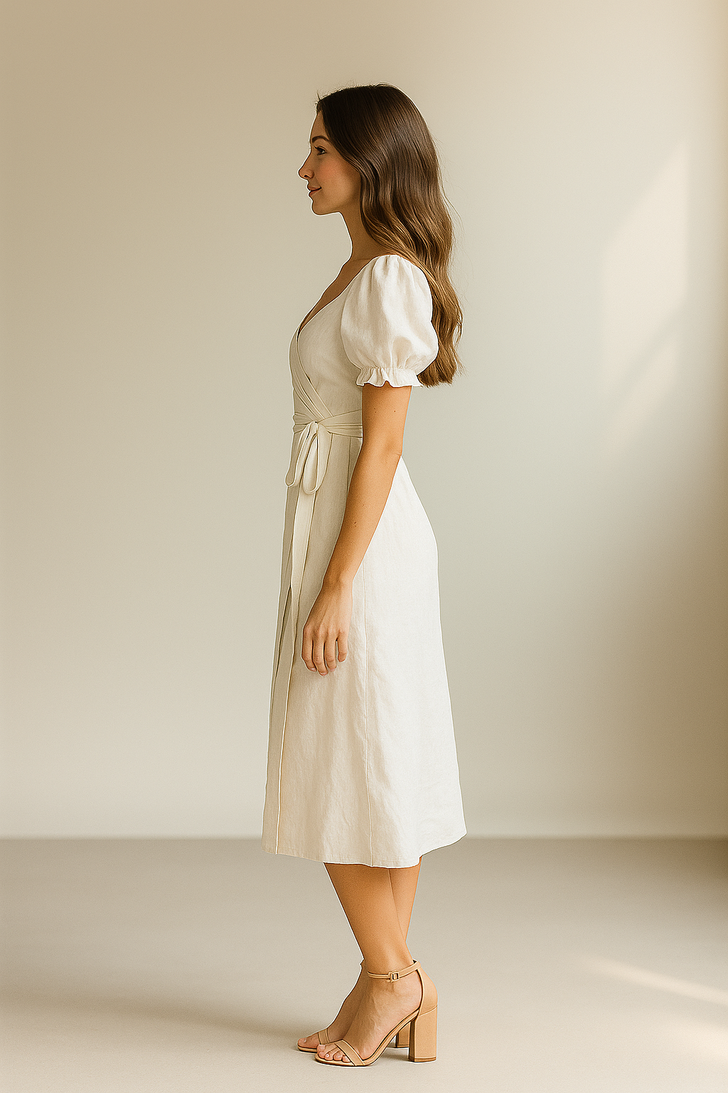 Weißes Midikleid mit Wickelausschnitt und Puffärmeln