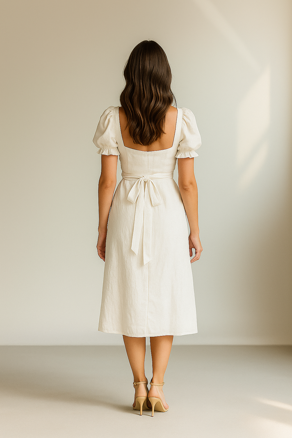 Weißes Midikleid mit Wickelausschnitt und Puffärmeln