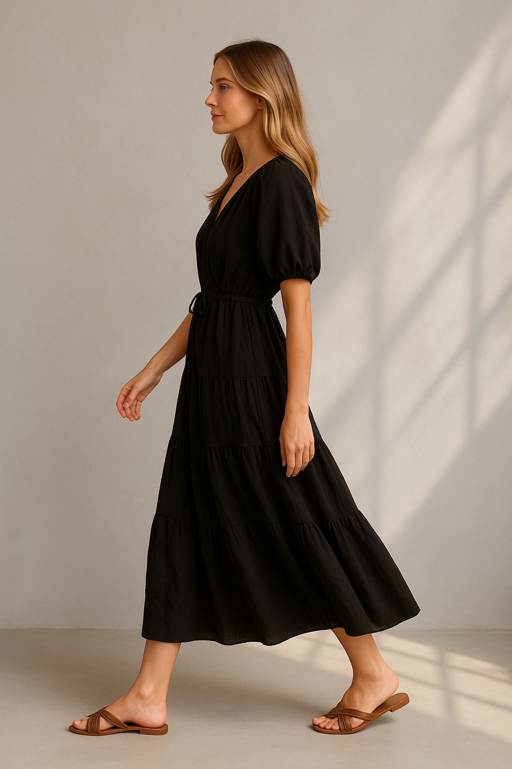 Schwarzes Maxikleid mit Puffärmeln und Bindegürtel