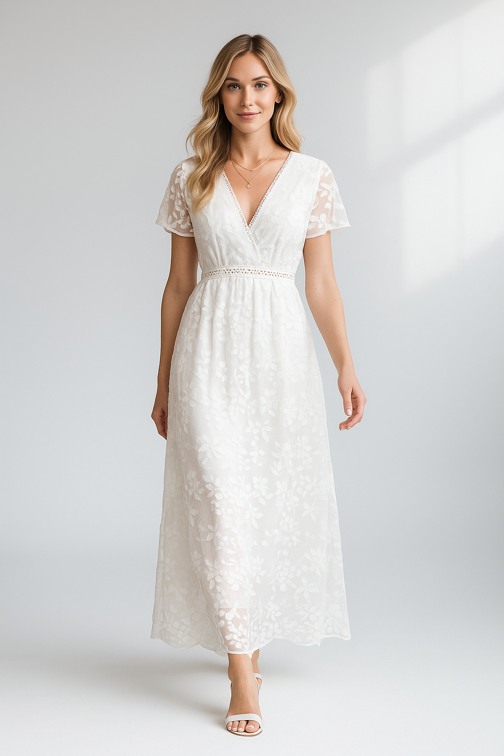 Langes weißes Kleid mit Blumen aus Spitze und V-Ausschnitt