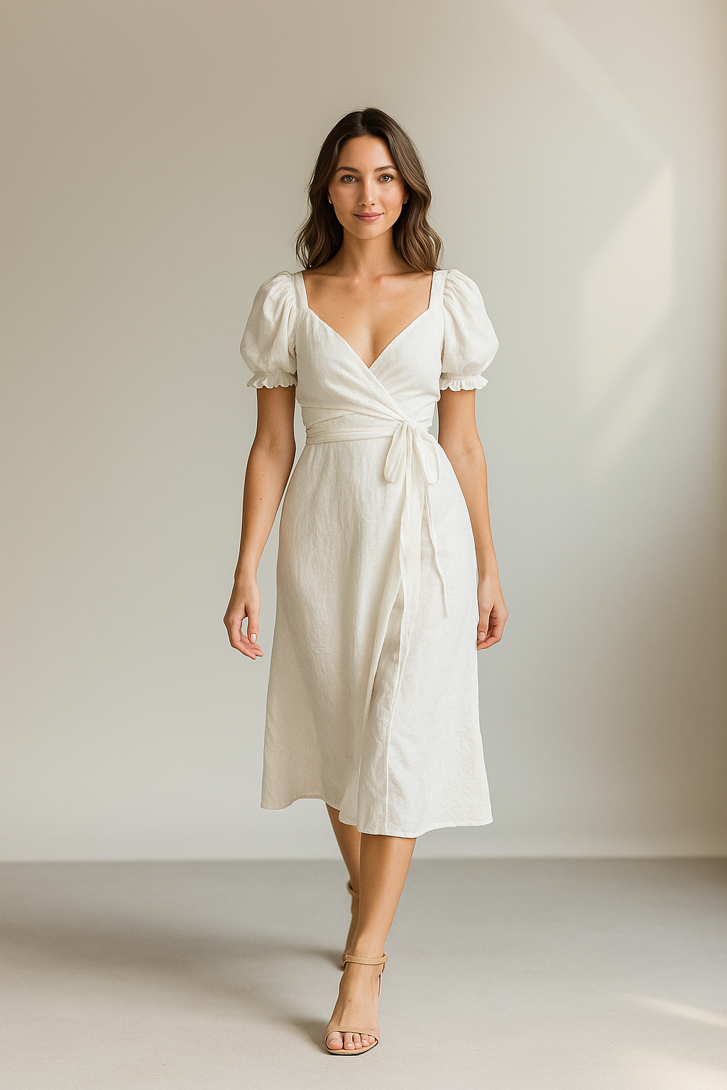 Weißes Midikleid mit Wickelausschnitt und Puffärmeln