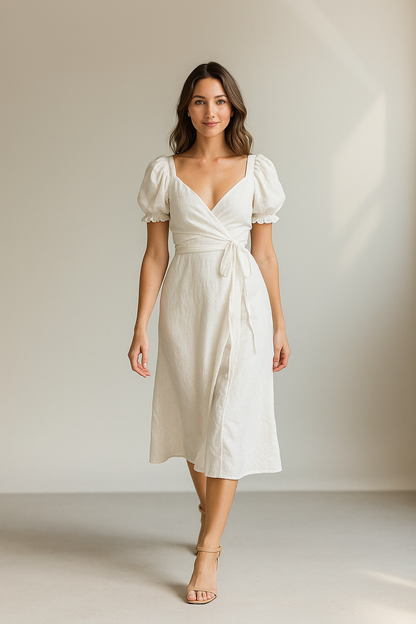 Weißes Midikleid mit Wickelausschnitt und Puffärmeln