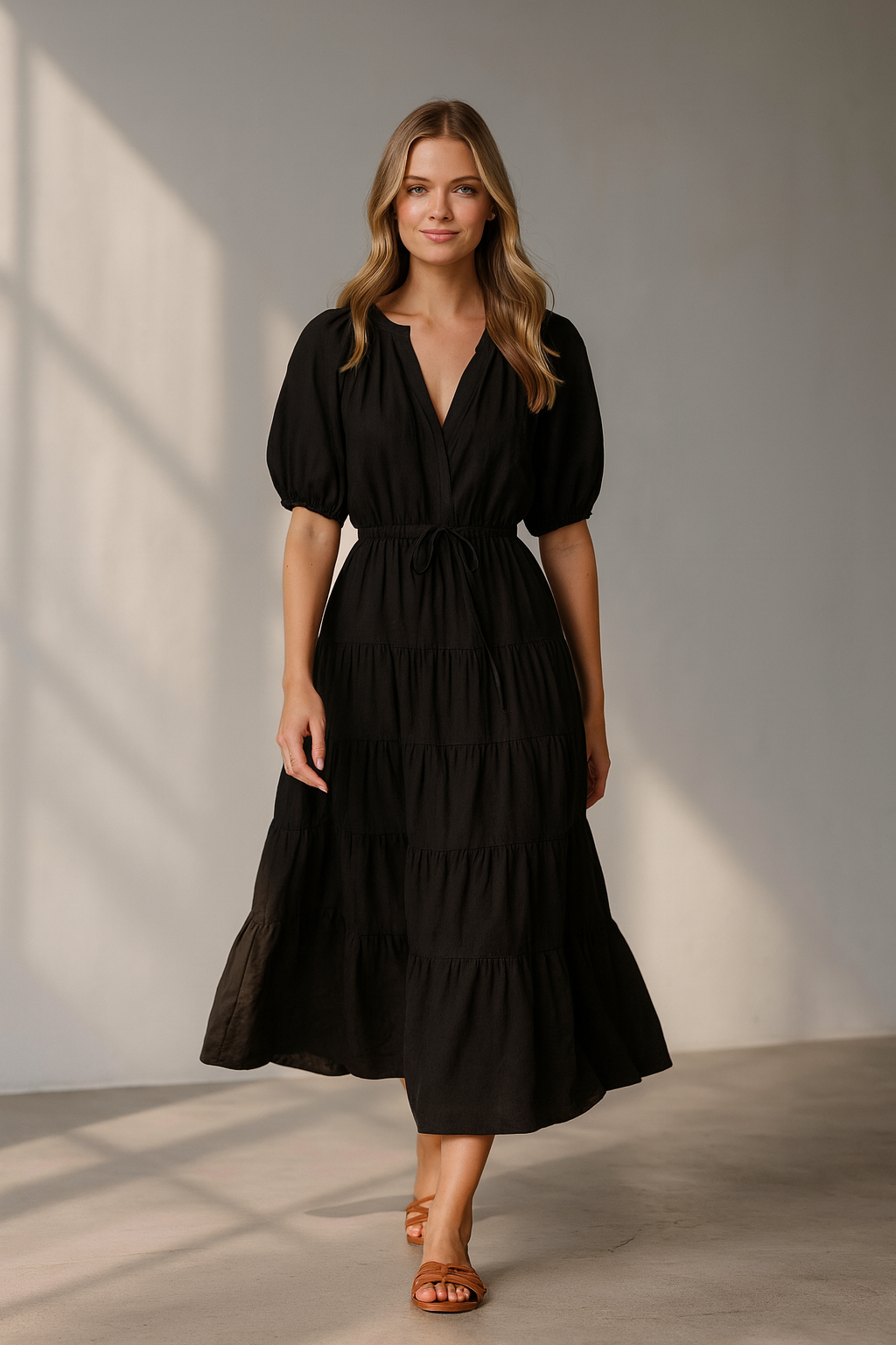 Schwarzes Maxikleid mit Puffärmeln und Bindegürtel