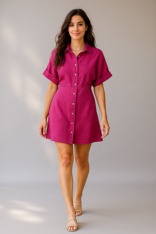 Kurzes Hemdkleid aus Leinen in Rosa mit Knöpfen